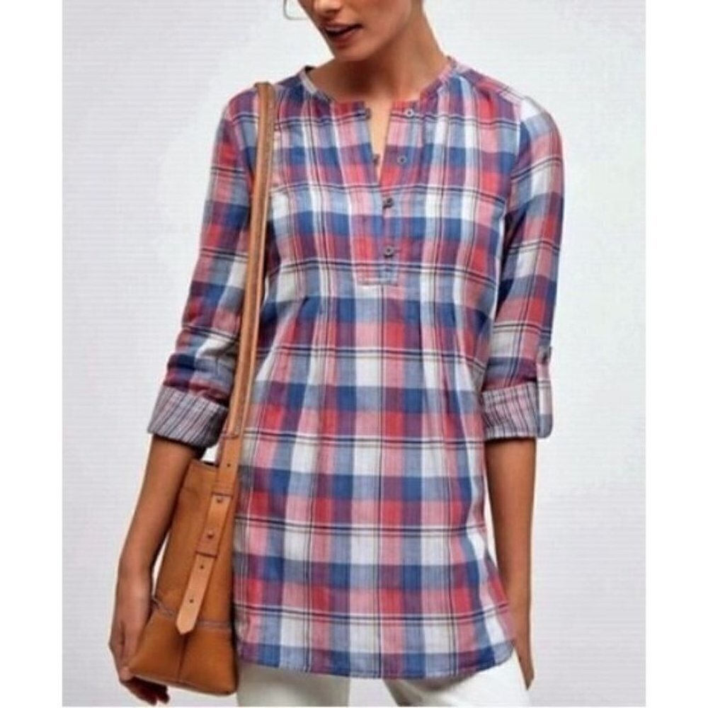 Anthropologie Holding Horses Womens 4 Plaid Hi Low Hem Tunic Pink Blue Cotton